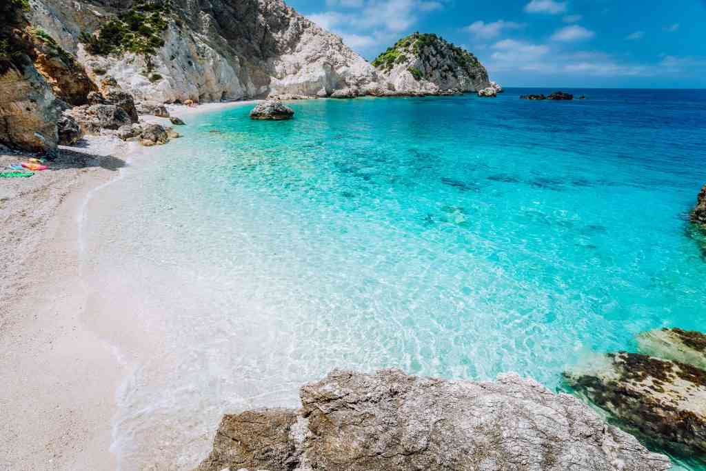 Agia Eleni beach in Kefalonia Island, Greece. Most beautiful rocky wild beaches with clear emerald