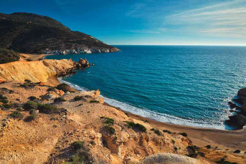 Agios Ioannis beach on sunset. Milos island, Greece