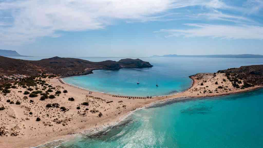 Elafonisos Greek island, Simos double beach, aerial drone view. Peloponnese. Greece.