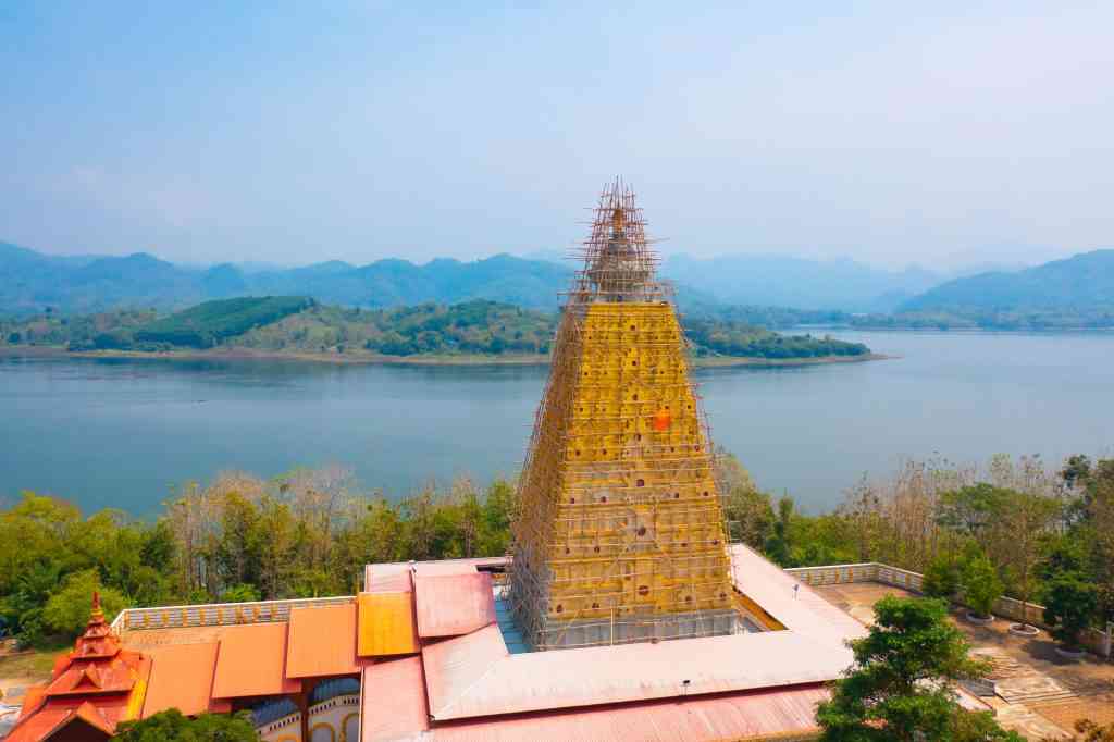 Phuthakaya Temple Pagoda, Sangklaburi Kanchanaburi Attractions. Temple Bodhgaya Stupa.